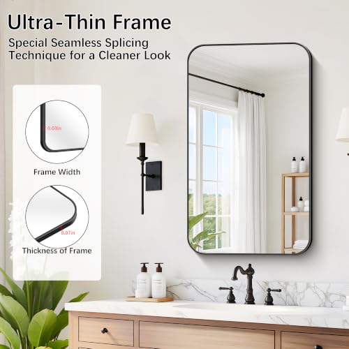 Image of DESBING 18 inchx30 inch Bathroom Mirror for Over Sink, Black Framed Wall Mirror | High-Definition Shatterproof Vanity Mirror with Rounded Corner for Bedroom Living Room Entryway Horizontally or Vertically