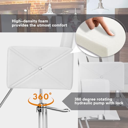 Image of Artist hand Barber Salon Chair for Hair Stylist with Back Cover, White | Heavy Duty Hydraulic Pump, Adjustable Height, 360 Swivel, Padded Armrest, Professional Styling Chair, Beauty Salon Equipment