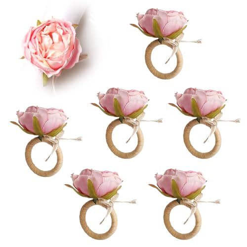 JVHLOV Juego de 6 Anillos de Servilleta Peonía Rosa – Tela + Anillo de Rafia Artesanal – Decoración de Mesa Romántica para Boda, Fiesta & Cena Elegante