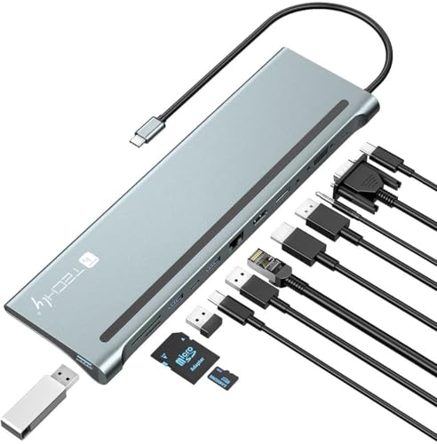 Techly 365368 Docking Station 12 in 1 USB-C™ Hub VGA HDMI DP RJ45 con Lettore Micro SD/SD Grigio Scuro