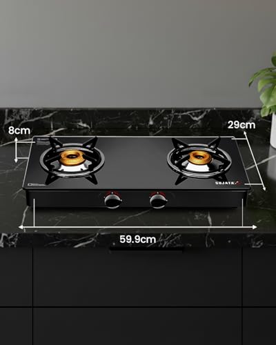 Image of Sujata Standard Gas Stove 2 Burners | 9 Years Warranty | Stove 2 Burner, 2 Burner Gas Stove Glass Top, ISI Certified, SABAF Valve, LPG & PNG Compatible, 360 Nozzle (Black)