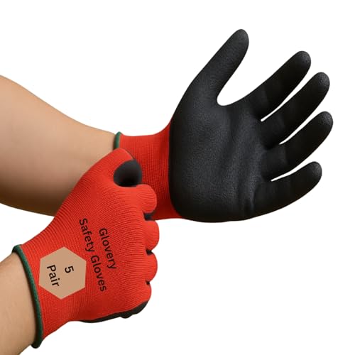 Image of Nylon Safety Work Gloves with Nitrile Coating - Industrial-Grade Protection for Cleaning, Warehouse, Mechanics, Construction - Durable, Flexible, Non-Slip Grip (Red & Black, 5 Pair)