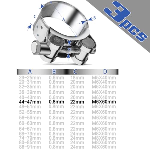 T Bolt Hose Clamps 44-47mm Exhaust Pipe Clamp 3 Pieces Heavy Duty Tube Clamps 304 Stainless Steel Bolt Clip Band Width 22mm for Exhaust Hose Water Pipe Attachment - Image 2