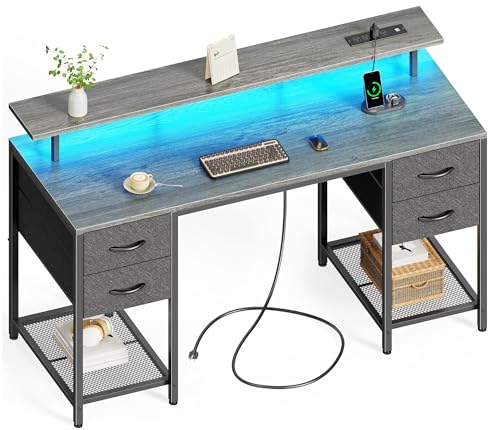 Image of Huuger 55 inch Computer Desk with 4 Drawers, Gaming Desk with LED Lights & Power Outlets, Home Office Desk with Large Storage Space for Bedroom, Work from Home, Gray