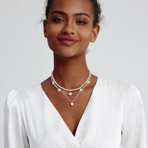 Image of Zeffy Gold Pearl Necklace for Women, Dainty 14K Gold /Silve Plated Layered Pearl Choker Pearl Earrings Pearl Bracelets Wedding Trendy Gold Jewelry Set for Women Gifts