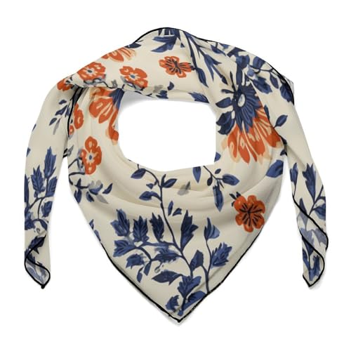 Orange And Navy Blue Floral Pattern Women Hair Scarf Square Silk Like Head Scarves Handkerchief Satin Neck Scarf