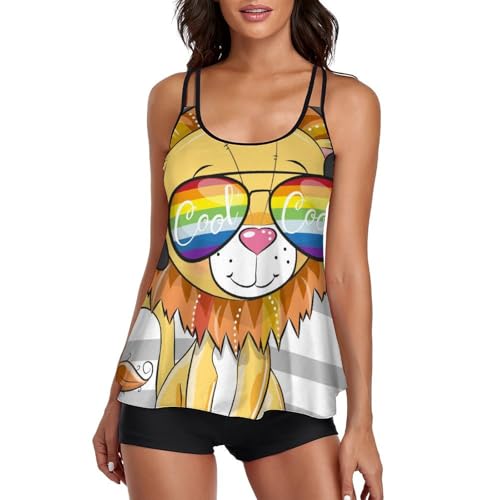 Maillot de bain tankini lion mignon pour femme avec shorty de bain et robe plage