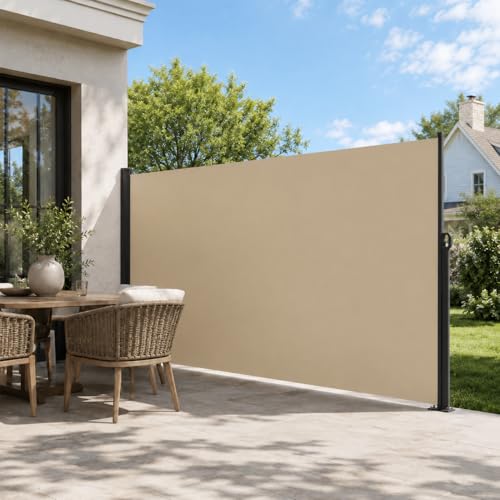 Image of 118" x 71" Retractable Side Awning, Outdoor Retractable Privacy Screen, Waterproof & UV-Resistant Retractable Fence Shade for Patio, Deck, Balcony (Beige)