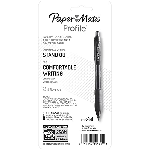 Paper Mate Profile Retractable Ballpoint Pen, Bold Point, Translucent Barrel, Black Ink, 4 Count #TOP6