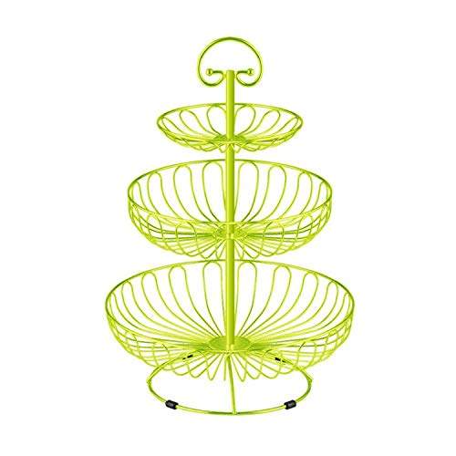 3 Tier Fruit Basket - Metal Wire Basket Fruit Bowl Three Tier Bread Baskets Stand Holder for Storing & Organizing Vegetables, Eggs, Breads and Snacks with Hanging Hook-green