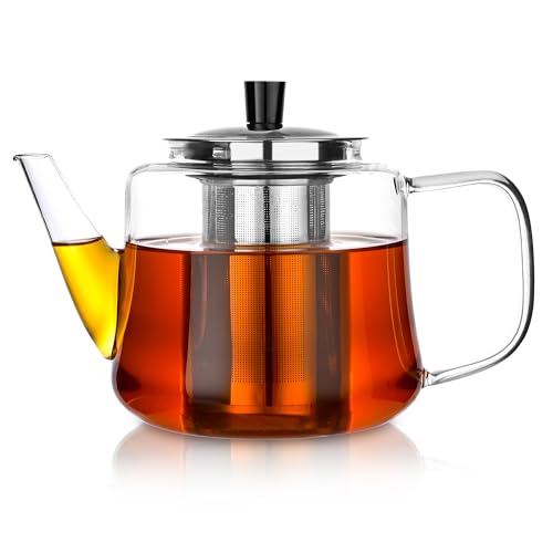 Glass teapot with Infuser, Ehugos 1000ml Stovetop Safe Hand Crafted Clear Glass Teapot with Removable Infuser for Loose Leaf Tea and Blooming Tea