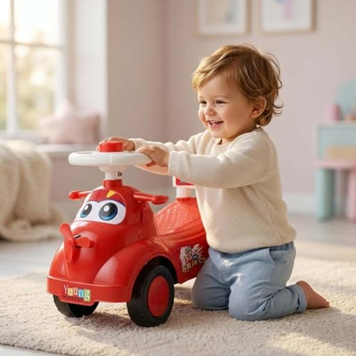 Image of Kids Ride On Red Car for Toddlers with Steering Wheel & Backrest | Foot to Floor Baby Push Car | Indoor Outdoor | Strong Wheels & Comfortable Seat | Racing Design for Boys & Girls (1-3 Years)