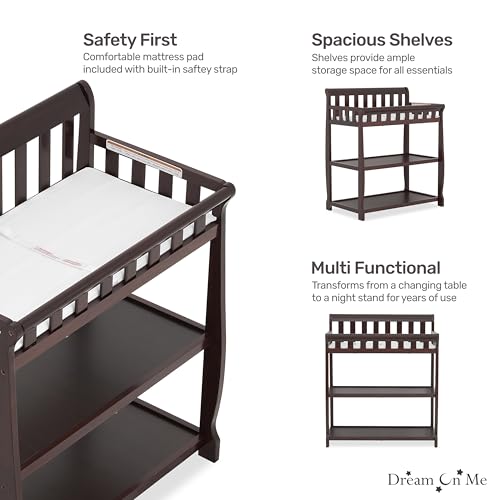 Image of Dream On Me Ashton 2-in-1 Changing Table & Nightstand in Espresso - Solid New Zealand Pinewood, Safety Rails, Spacious Storage Shelves & Water-Resistant Changing Pad, Converts to Nightstand