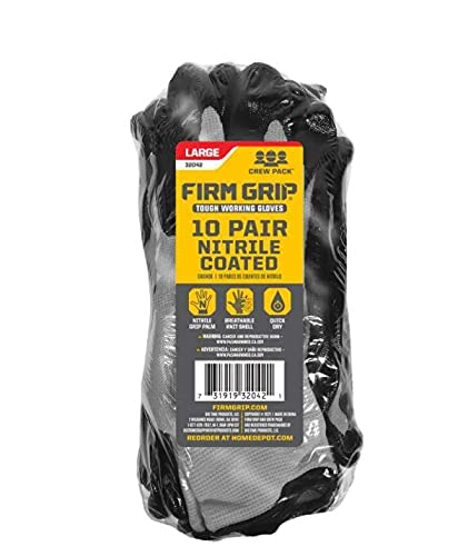 Firm Grip Nitrile Coated Tough Working Gloves: Black, Large Size (10 Pairs) #TOP2