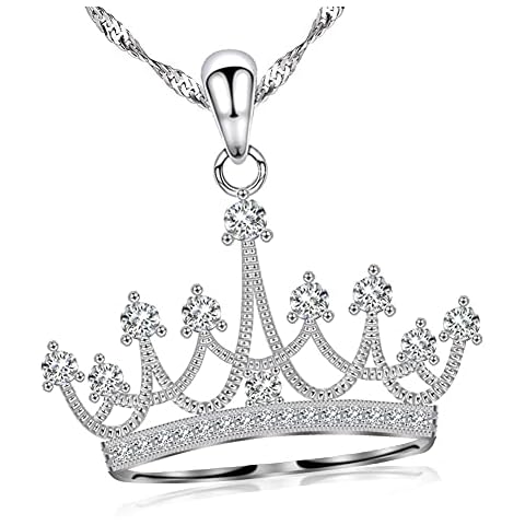 GemsChest Sterling Silver Round Cubic Zirconia Crown Pendant Necklace Queen Jewelry for Women with 18" Silver Chain Cover