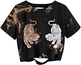 Avanova Women's Graphic Print Tee Short Sleeve Distressed Crop Top Casual T Shirt Tie Dye Brown Tiger Medium