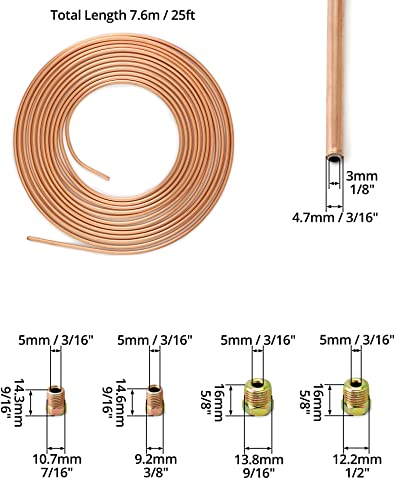 QWORK® 7.6m Verkupfert Bremsleitung, Außendurchmesser 4.76 mm, Innendurchmesser 3.3 mm mit 16 Muttern
