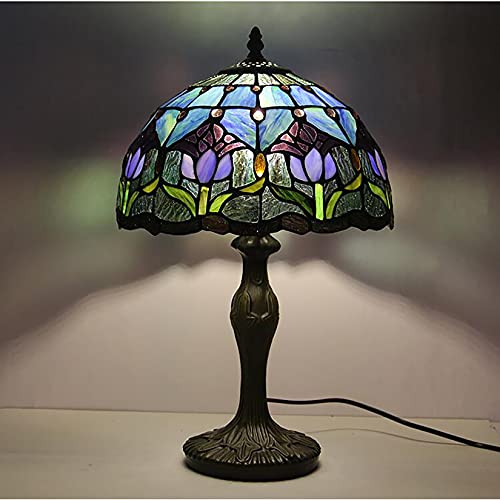 errzom Tiffany Style Table Lamp Stained Glass Lamp Shade Purple Tulip Flower Reading Desk Light 12 Inches for Bedroom Study Living Room Office