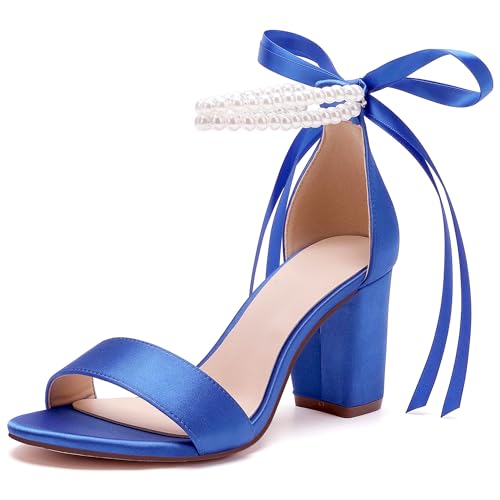 Image of Women's Open Toe Pearl Wedding Shoes for Bride High Heels Sandals Satin Bridal Block Chunky Heels Ankle Strap Prom Evening Party Pumps
