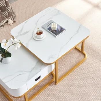 Funshelf Handmade Square Drawer Coffee Table with Marble Finish Top & Gold Metal Frame, Cocktail Sofa Table Living Room, Elegant Center Table Set of Apartment/Drawing Room (White & Gold) - Image 7