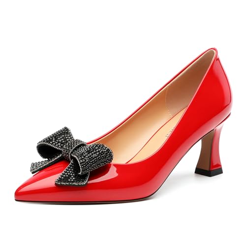 Image of Heels for Women Closed Patent Pointed Toe Bow Pumps Slip on Kitten Low Heels Wedding Party Dress Office Shoes 2.5Inch