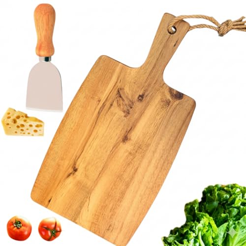 Tabla de Cortar para cocina de Madera Acacia Natural Hecha a Mano con Mango Ergonómico - Duradera y Resistente al Desgaste - Ideal para Carne, Verduras, Pan y Charcutería + Mini paleta de queso