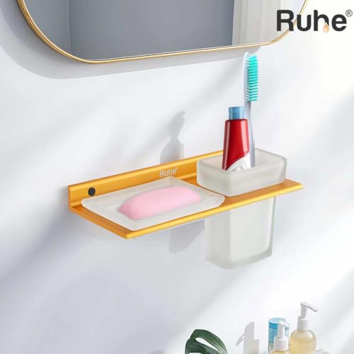 Image of Ruhe Ember 2 in 1 Soap Dish & Tumbler Holder | Soap Case | Tooth Brush Holder | Bathroom Accessories | Wall Mounted | Soap Stand | Yellow Gold