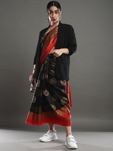 Image of AKHILAM Women's Art Silk Animal Print Saree With Unstitched Blouse Piece(Black APHALSP100D SNK)