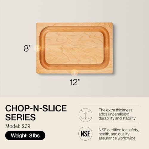 Image of John Boos Chop-N-Slice Series Rectangular Wooden Maple Cutting Board 12 inchx8 inch - 1 inch Thick, 3-lb Reversible Butcher Block with Eased Corners, Juice Groove & Edge-Grain - Made in the USA | 12 inchx8 inch - 1 inch Thick, 3-lb Reversible Butcher Block with Eased Corners, Juice Groove & Edge-Grain - Made in the USA