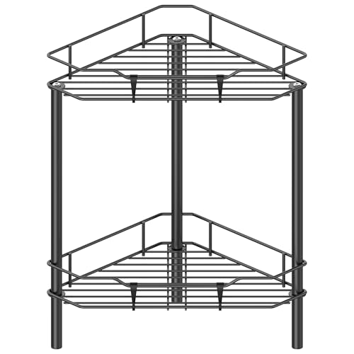 HuggieGems 2 Tier Floor Standing Corner Shower Caddy Organizer Shelf with Hooks Bathroom Shelves Stand Rack Black