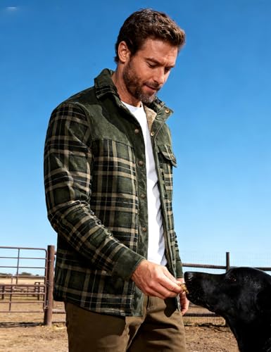 Image of Flygo Men's Sherpa Lined Plaid Flannel Shirt Jacket Snap Button Warm Winter Jacket with Pockets