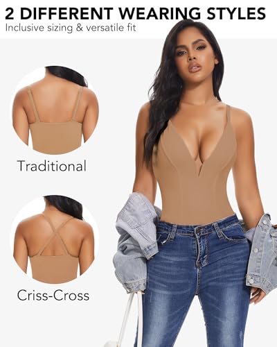 Image of SHAPERIN Bodysuit for Women Shapewear Tummy Control Deep V Neck Plunge Sleeveless Backless Thong Body Suit Tank Top