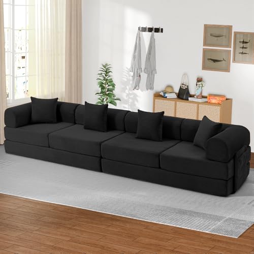 Image of 141.73'' U-Shaped Sectional Sofa Bed, 6-in-1 Modular Corduroy Couch with Soft Cloud-Like Feel, Removable Storage Bag, Anti-Pilling Fabric, Tool-Free Assembly, for Living Room, Black
