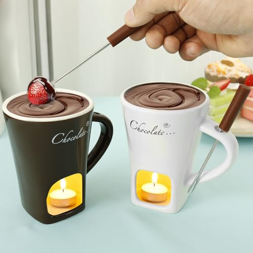 2 Pack Chocolate Fondue Mug, Sweet Fondue Cup Kit, Chocolate Melting Mug, Chocolates Fondue Cup, Ceramic Fondue Pot Set with Forks for Cheese Candy Kitchens