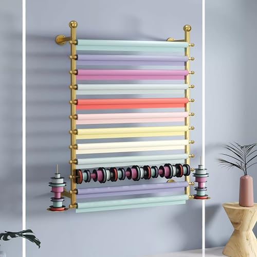 Image of Wrapping Paper Wall Rack, 12-Layer Wrap Organizer Storage, Wall Mount Ribbon Dispenser Holder Wrapping Station Display Racks for Craft Room Flower Shop (Golden)