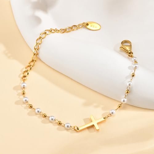 Baby Baptism Cross Bracelet Gift : 18k Gold Plated/Silver Delicate Pearl Cross Bracelets Kids Daughter Granddaughter Birthday First Communion Confirmation Gifts Christian Jewelry for Boys Girls2
