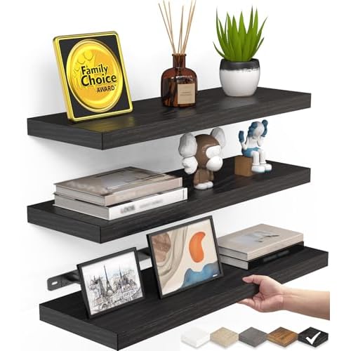 BAYKA Floating Shelves for Wall, Wall Mounted Rustic Wood Shelves for Bathroom, Bedroom, Living Room, Kitchen, Hanging Shelf for Books/Storage/Room Decor with 22lbs Capacity (Black, Set of 3, 15.7in)