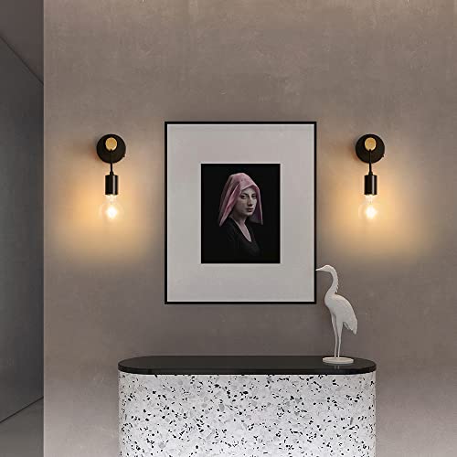 Applique Murale en Bois Vintage, Applique Rétro Industrielle, Lampe Murale Suspendue à Base Ronde en Métal, Éclairage Mural Noire Intérieur E27 pour Chambre, Salon, Couloir (Sans Ampoules) - Image 7