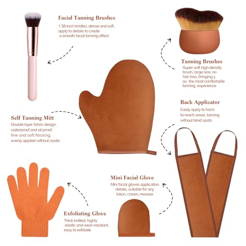 Image of 6pcs Self Tanning Mitt Applicator Kit Including Self Tanning Mitt and Brush, Body Brush, Back Applicator, Mini Facial Glove, Facial Tool, Exfoliating Glove(Brown)