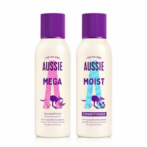 Aussie Travel Size Shampoo & Conditioner Duo 2x90ml Mega Shampoo & Miracle Moist Conditioner Mini Hair Care Set for Dry Frizzy Hair Cabin Approved Toiletries for Holidays Gym and Hand Luggage