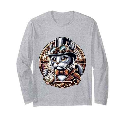 スチームパンク猫 時計とシリンダー付き 長袖Tシャツ