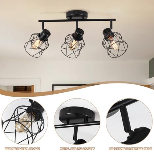 Image of 3 Lights Adjustable Multi-Directional Black Light Fixtures, Semi Flush Mount Ceiling Light, Kitchen Light Fixtures, Track Lighting Fixtures Metal Cage Industrial Spotlight Fixtures for Dining Room