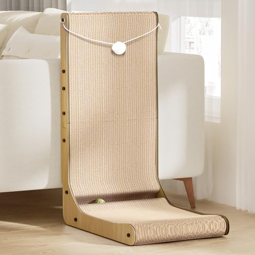 Gimars Rascador para Gatos Ggrandes en Forma de L de 68 cm, Tablero Rascador con Peluche y Bolas de Catnip, Rascador de Cartón para Montar en la Pared, Juguetes para Gatos para Proteger Muebles