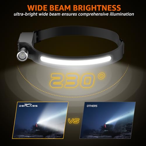 Head Torch Rechargeable, [2 Pack] Super Bright 230° Wide Beam Adjustable Focus Headtorch, 30 Hrs Runtime, 8 Modes with Motion Sensor, Waterproof Lightweight Headlamp for Camping Running Fishing