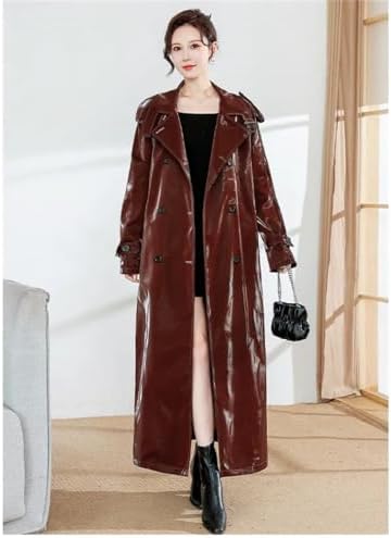 Amazon | 反射光沢のある PU レザー超ロングトレンチコート女性