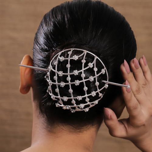 Image of Hair Bun Cage Accessory for Women | Handcrafted Brass Juda Cover with Stick | Anti-Tarnish Traditional Hair Accessory for Wedding & Festive (Pear Flower Hair Bun (Silver))