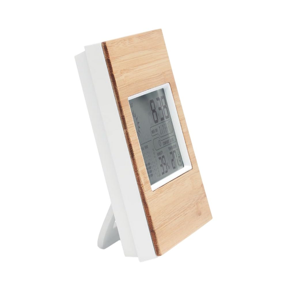 Thermomètre d'intérieur en bambou véritable, horloge numérique, hygromètre, station météo LCD avec calendrier et icône de confort