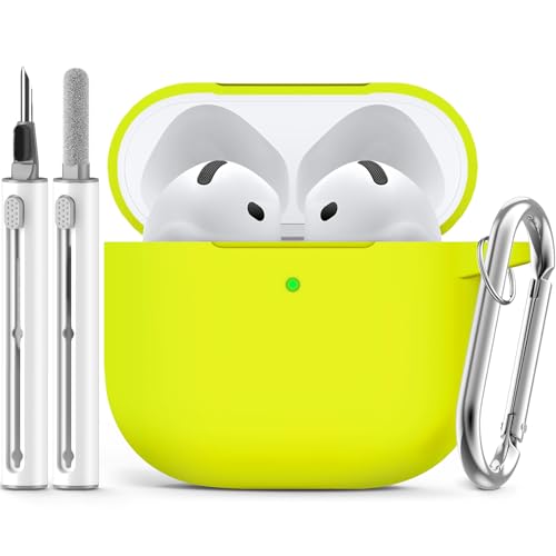 Image of Ljusmicker for AirPods 4 Case 2024 with Cleaner Kit,Fluorescent Green | Soft Silicone Protective Cover for Apple AirPods 4th Generation Case with Keychain for Women Men,Shockproof