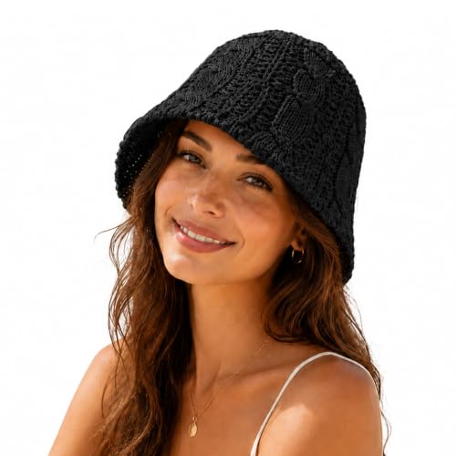 BOTVELA Women Woven Foldable Knit Summer Beach Bucket Sun Hat (Black)