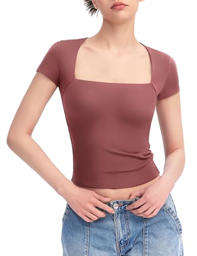 PUMIEY Women's Square Neck Tops Short Sleeve T Shirts for Women